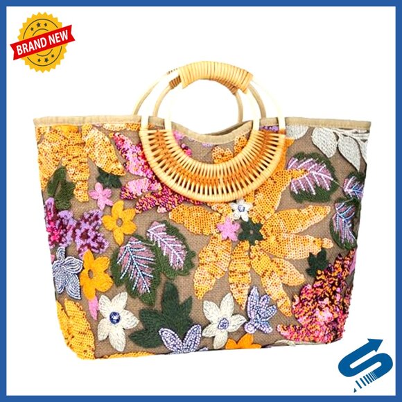 Handmade Rattan Wood Handle Sequin Embroidered Floral Tote Beach Bag - Picture 2 of 6